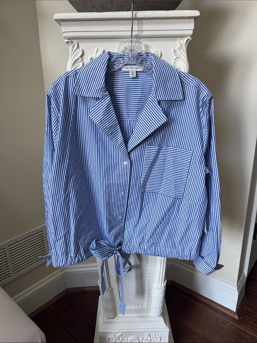 Striped Tie-Hem Button Front Blouse in Blue & White